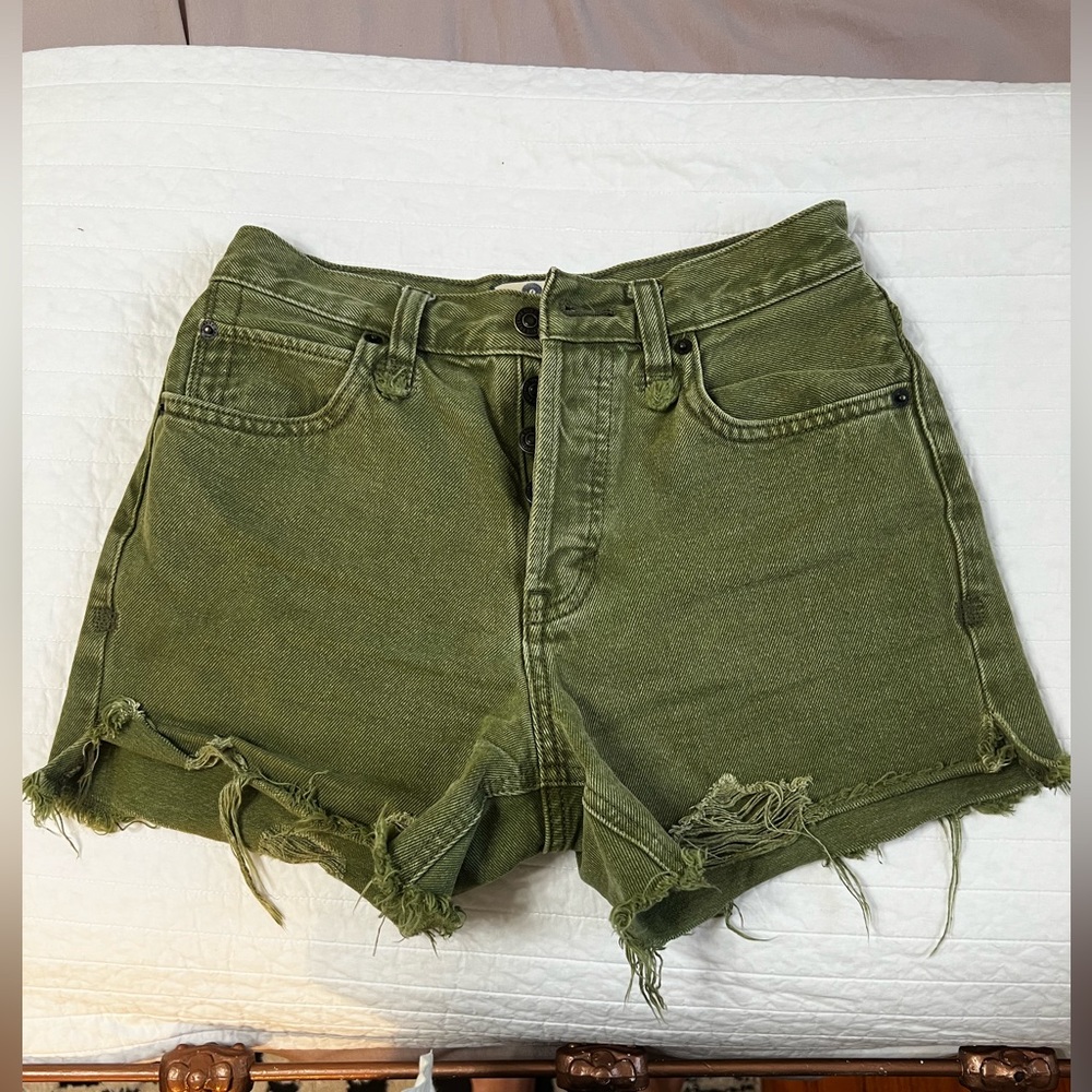 We The Free green denim high-waisted shorts